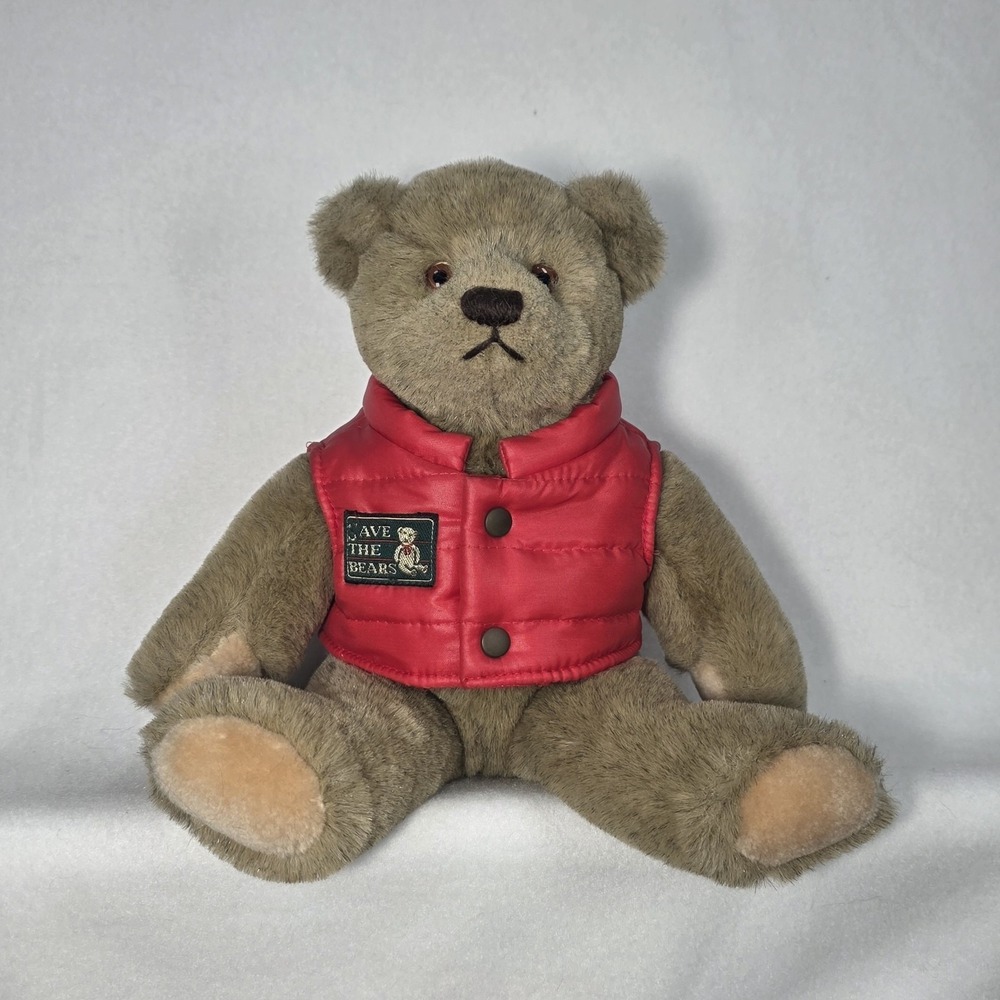 Vintage 1982 GUND Bialosky Bear Teddy Bear Plush Red Save The Bears Puffer Vest
